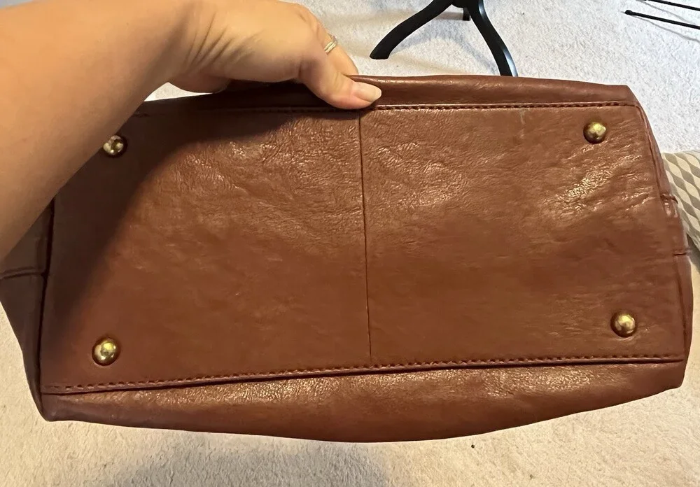 Frye Brown Zip Top Satchel Gold Hardware Lined Pockets